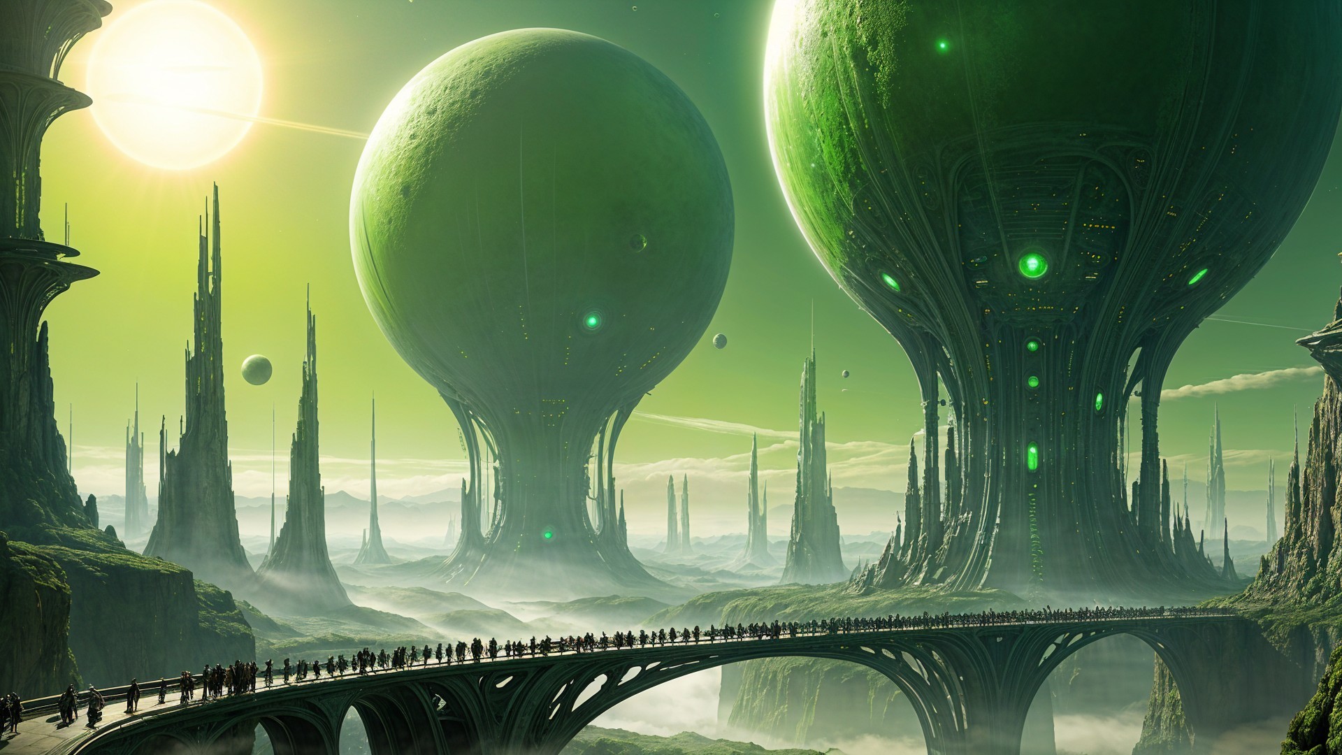 Futuristic landscape with green spheres and misty mountains