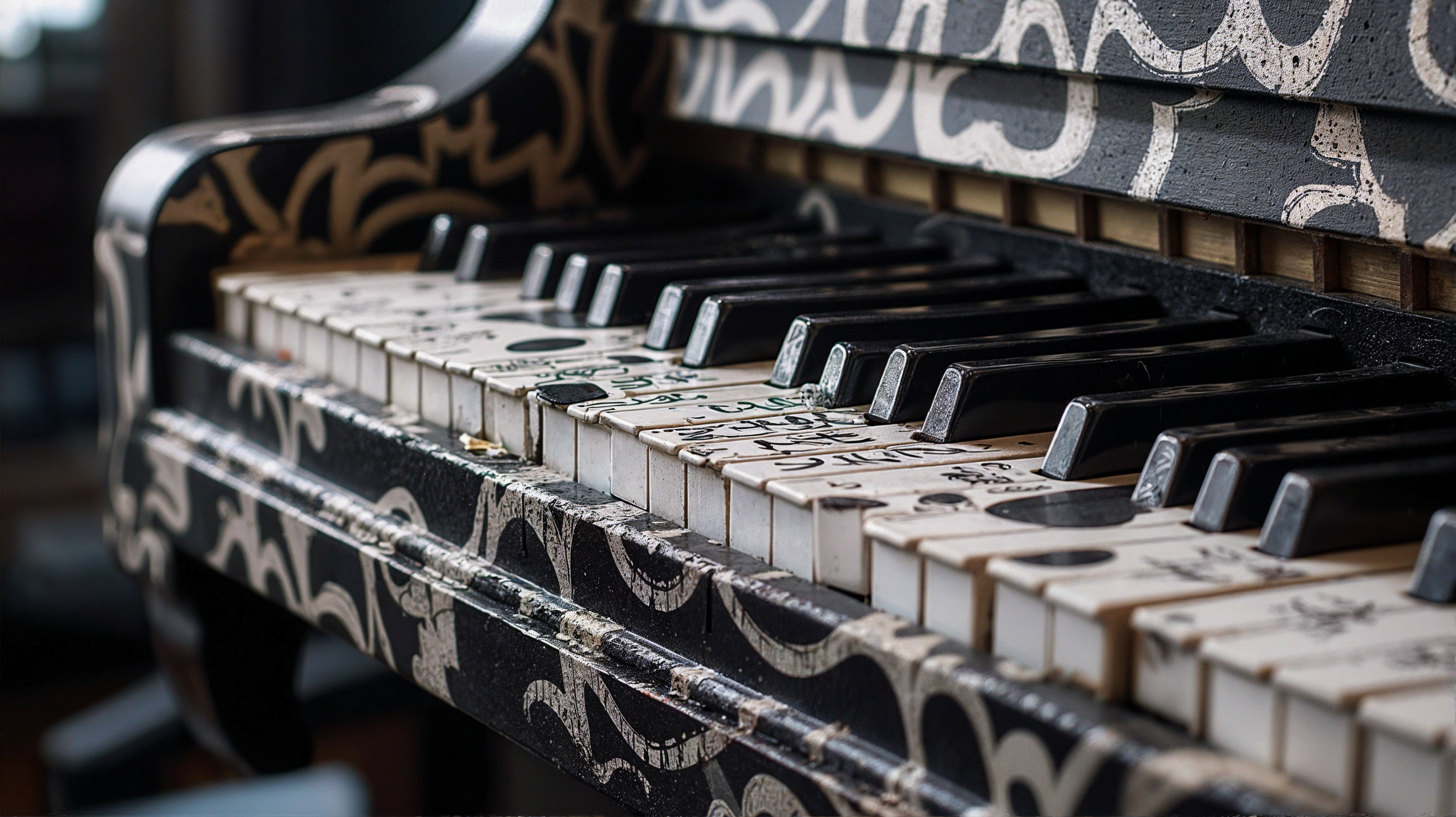 Close-up of a vintage piano keyboard with ornate design