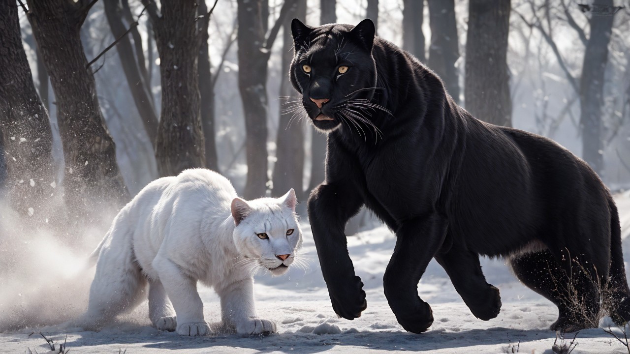 Black and White Panthers in a Snowy Forest Scene