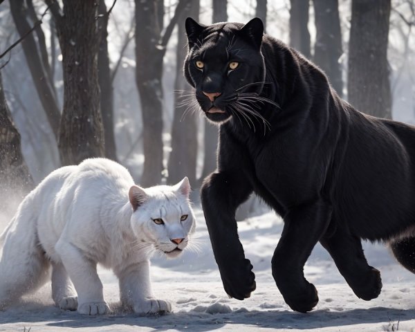 Black and White Panthers in a Snowy Forest Scene