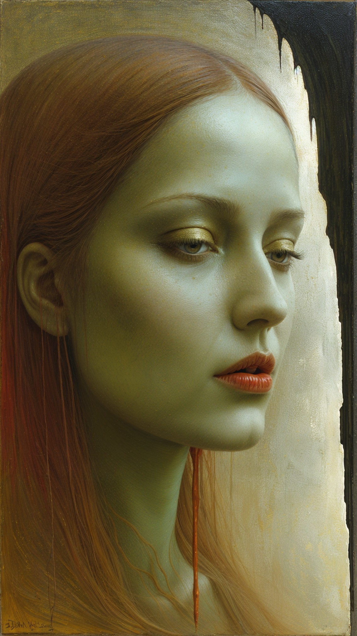 Profile of a Young Woman with Green Skin and Red Hair