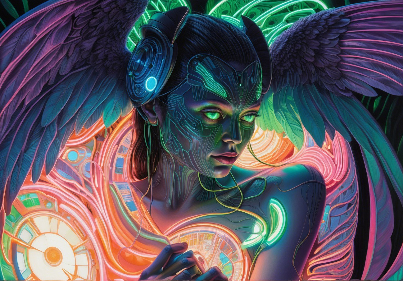 Futuristic figure with cybernetic features and wings