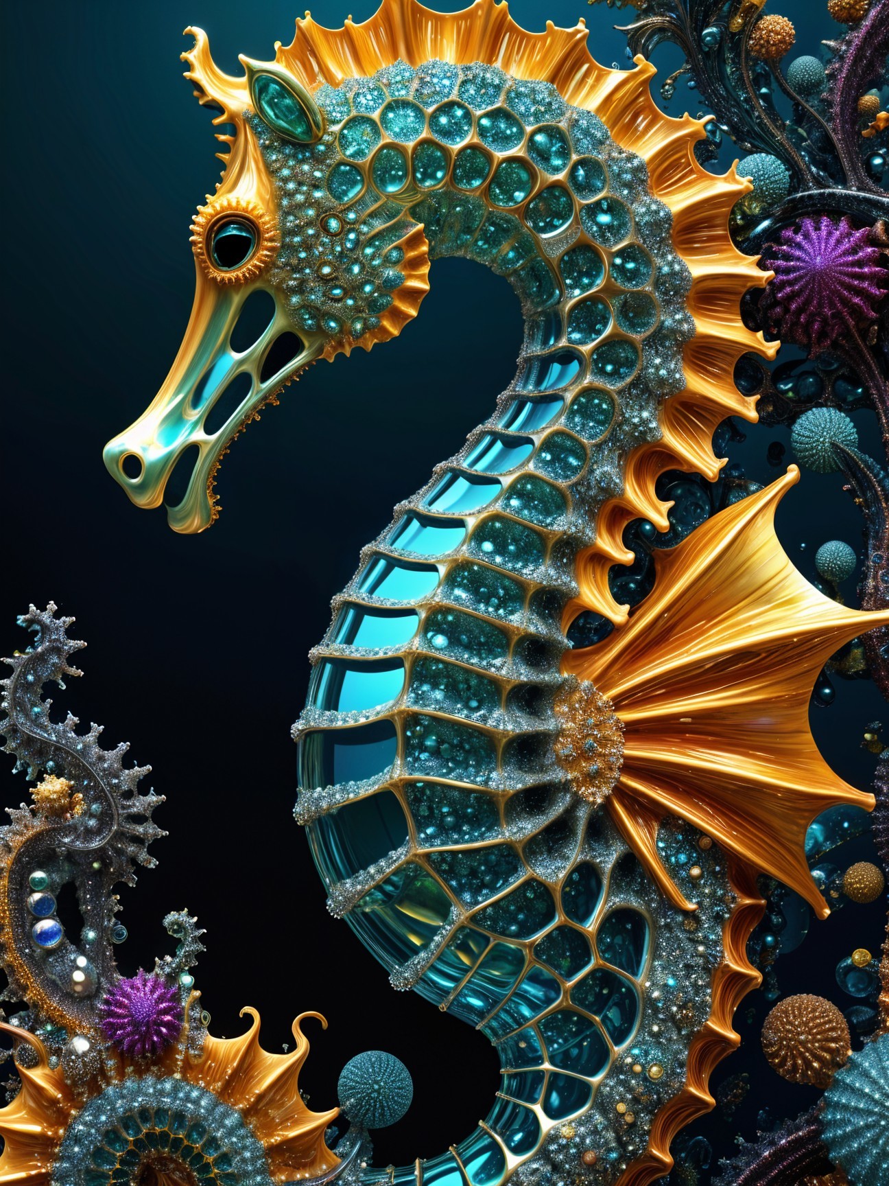 Vibrant Seahorse Design with Abstract Marine Life
