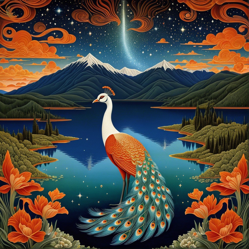 Vibrant Peacock by Serene Lake with Mountains and Flowers