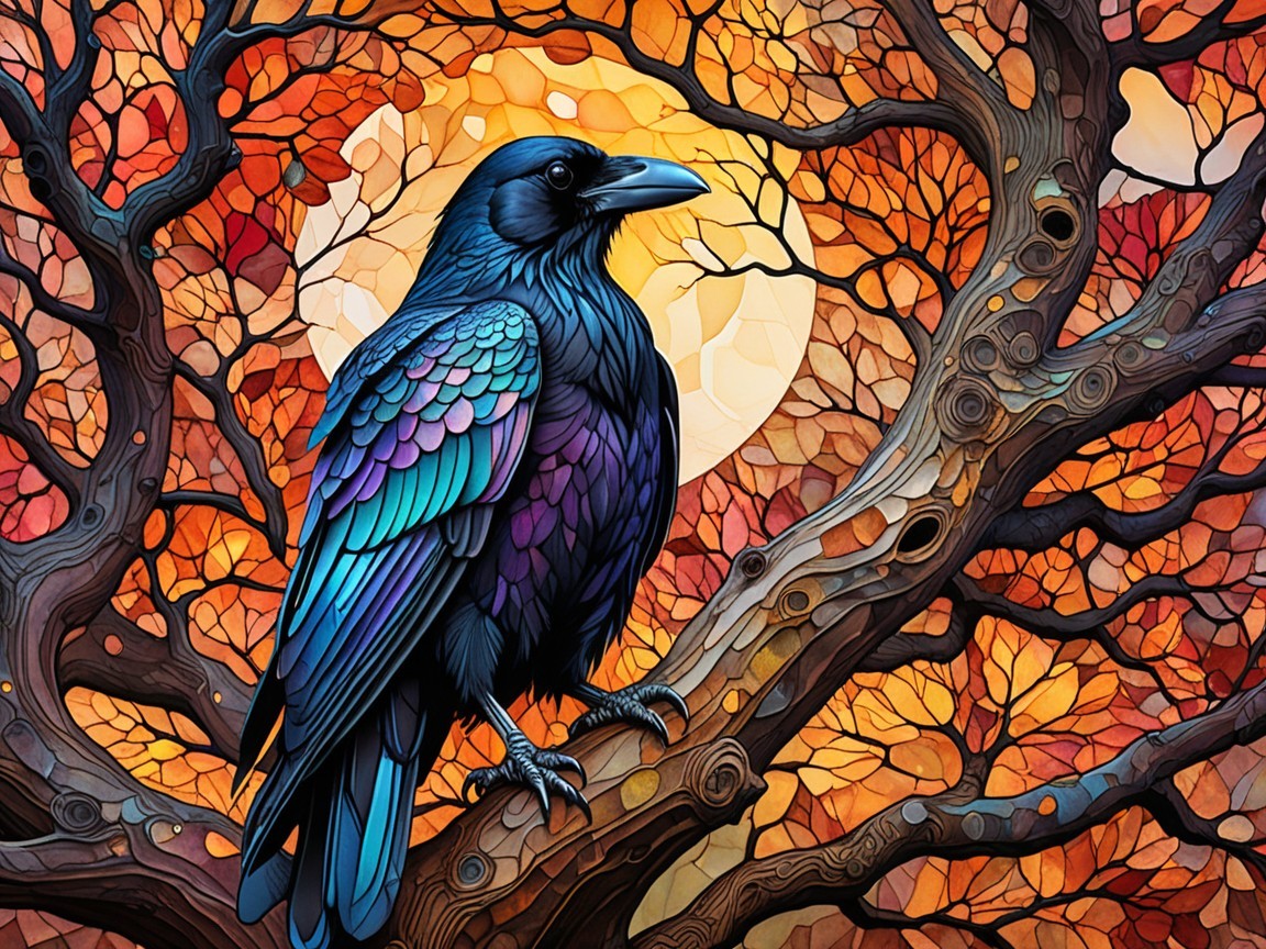 Raven on Twisted Branch Amidst Autumn Leaves