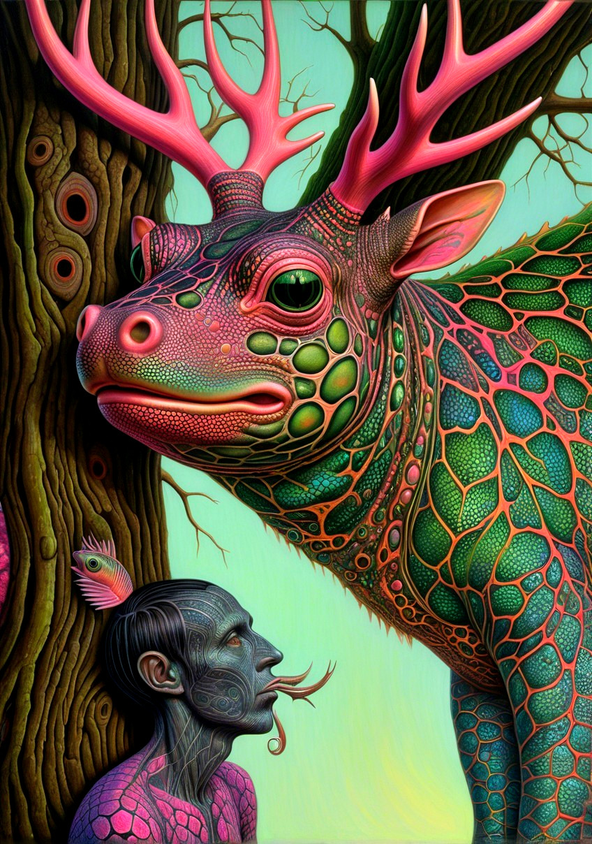 Surreal Scene of Colorful Deer and Mystical Figure