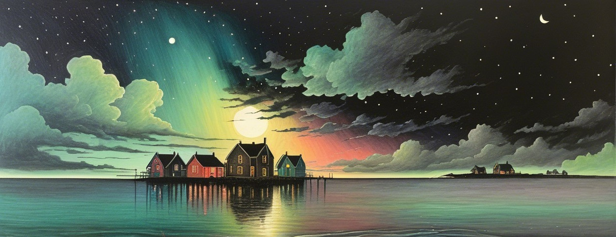 Colorful Stilt Houses Over Calm Waters at Sunset