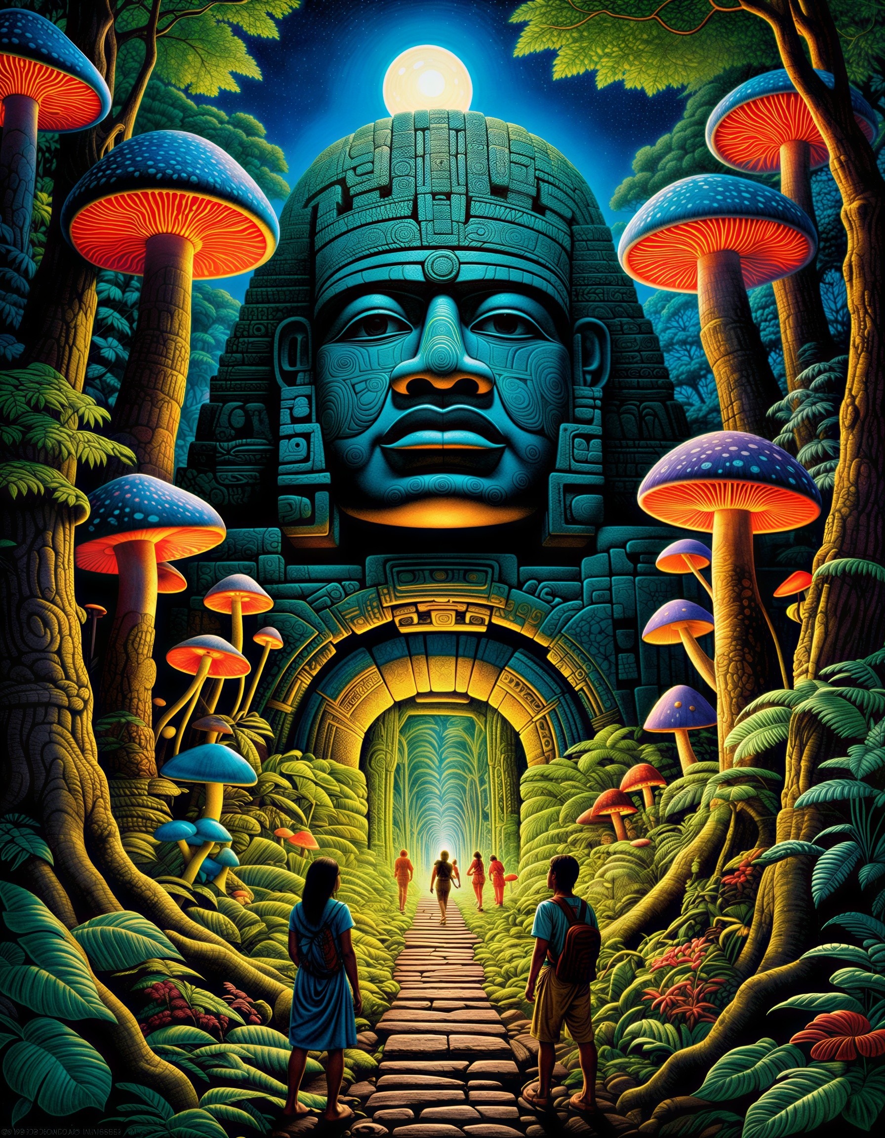 Surreal Illustration of Mesoamerican Stone Head and Mushrooms