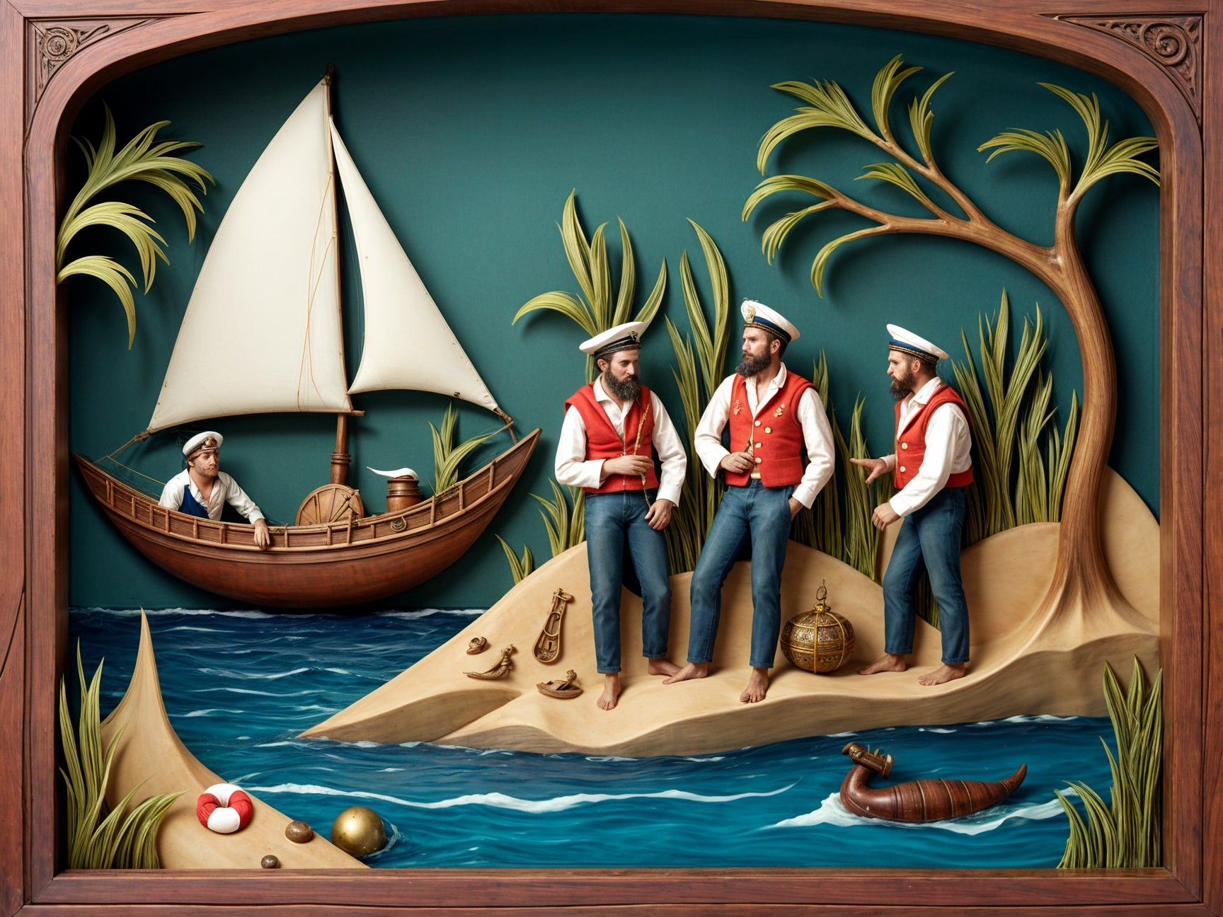 Vibrant Three-Dimensional Maritime Scene with Sailors