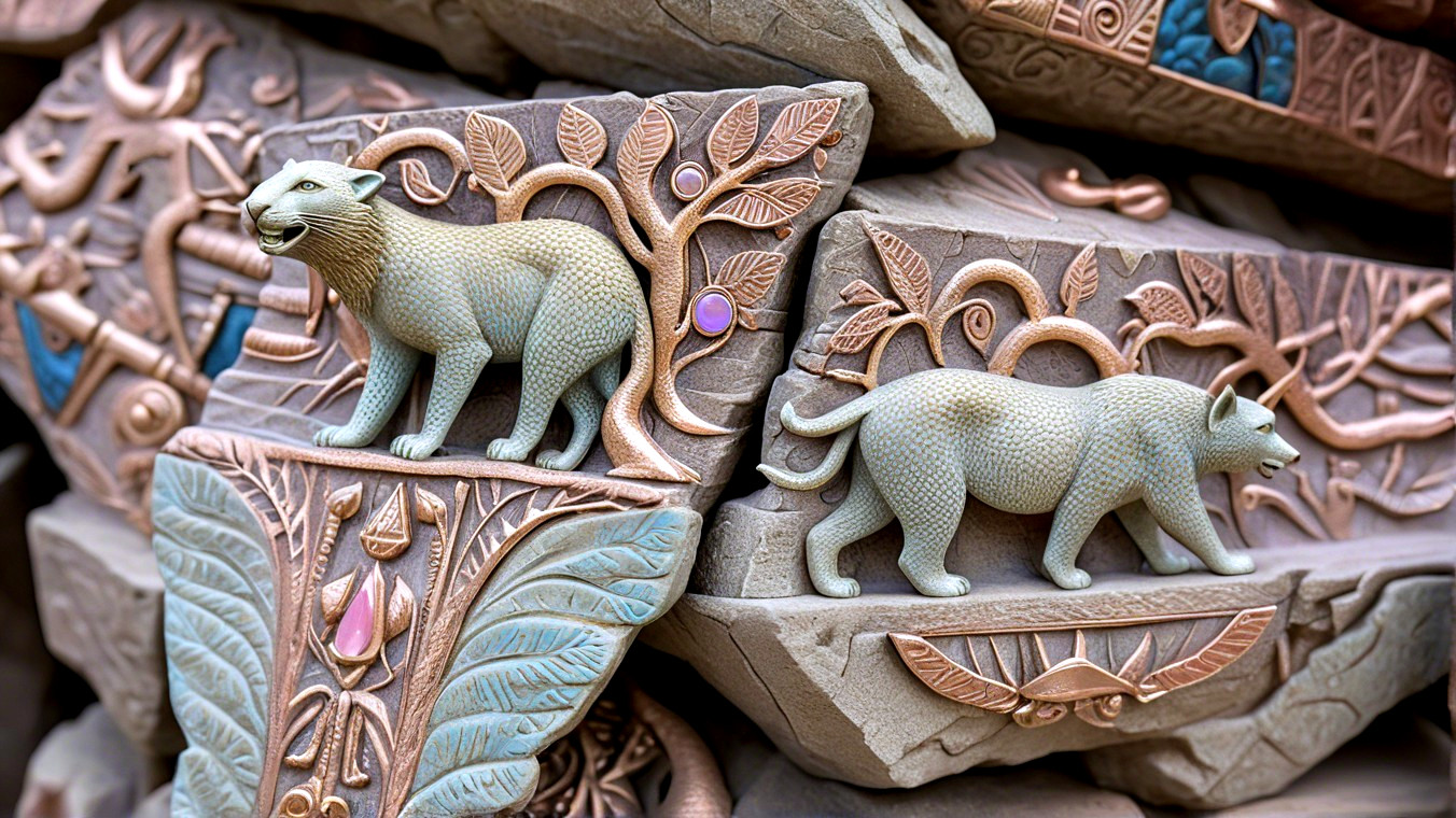 Intricately Carved Stone Reliefs with Feline Figures