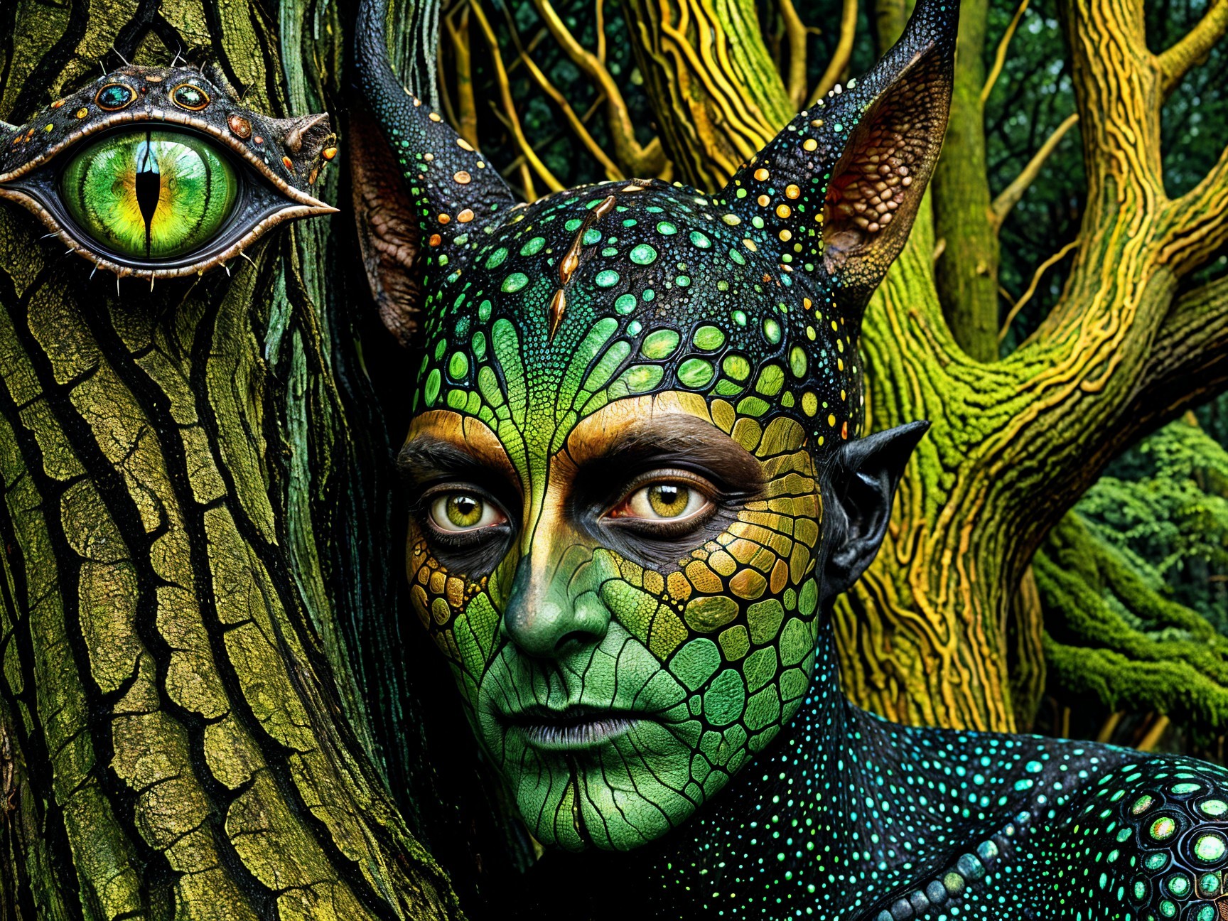 Vibrant Body Paint and Mystical Tree in Enchanting Forest