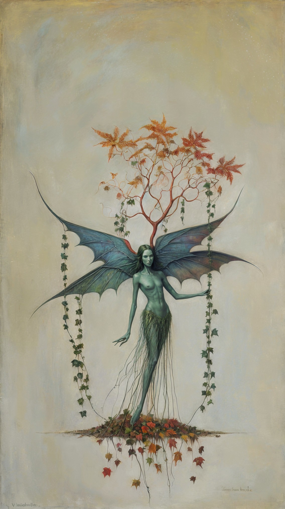 Mystical Figure with Green Skin and Bat-Like Wings
