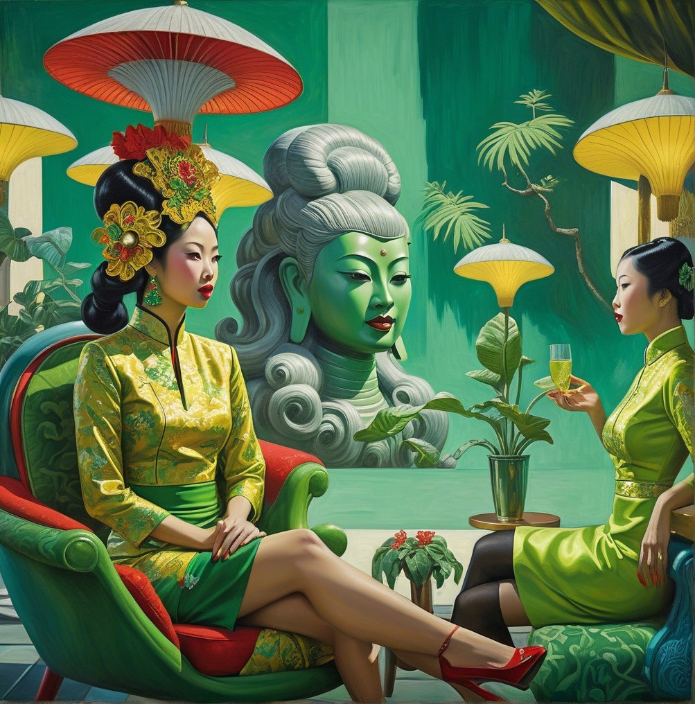 Elegant Women in Vibrant Attire in Decorated Room