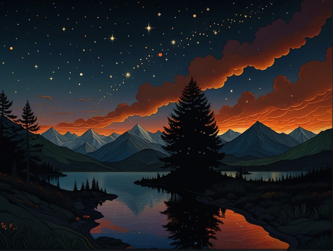 Twilight Landscape with Mountains and Reflective Lake