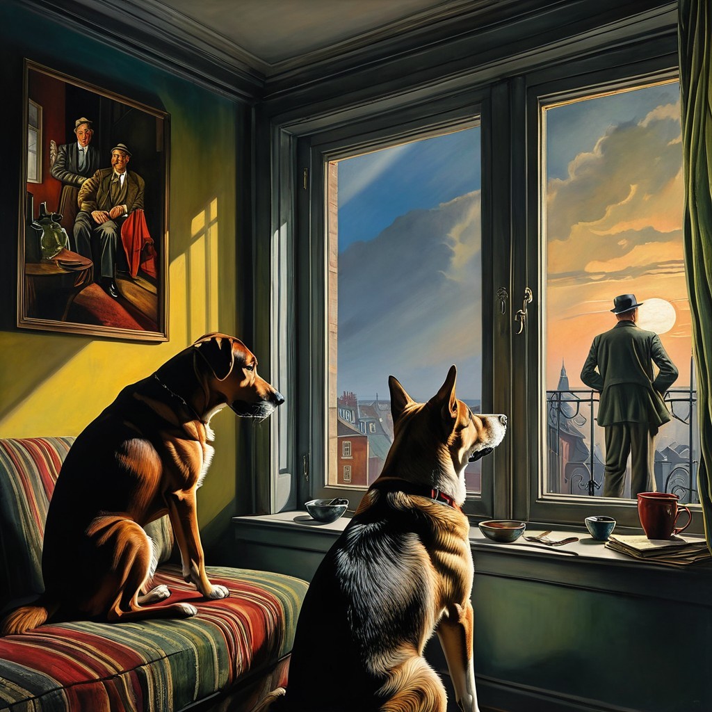 Cozy Room with Dogs and Sunset Cityscape View