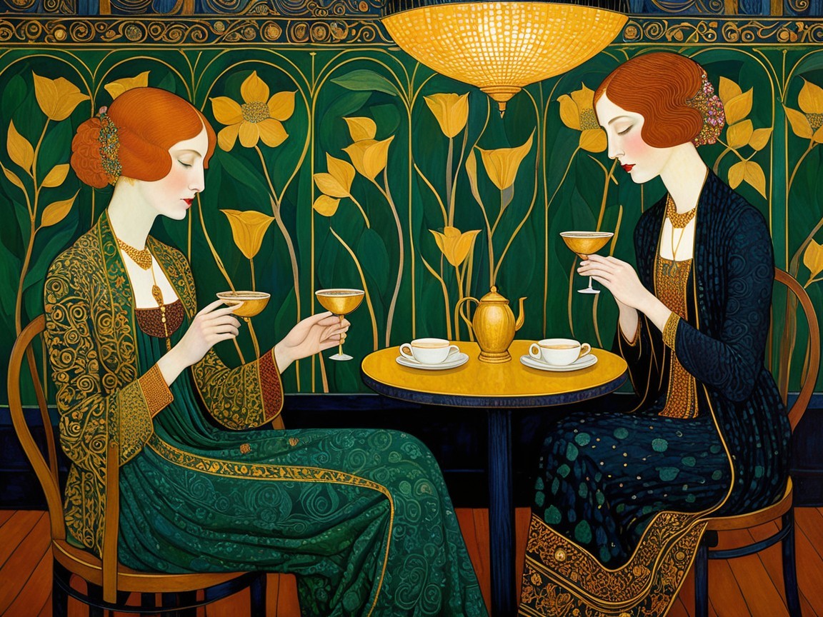 Elegant Women in Art Deco Fashion at Tea Table