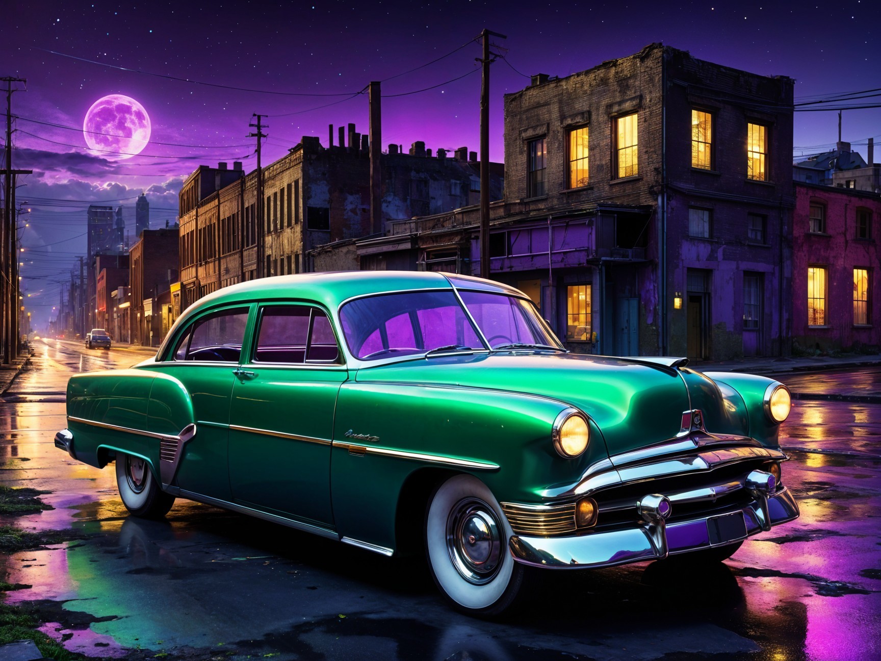 Vintage Green Car Under Moonlight on Lively Street