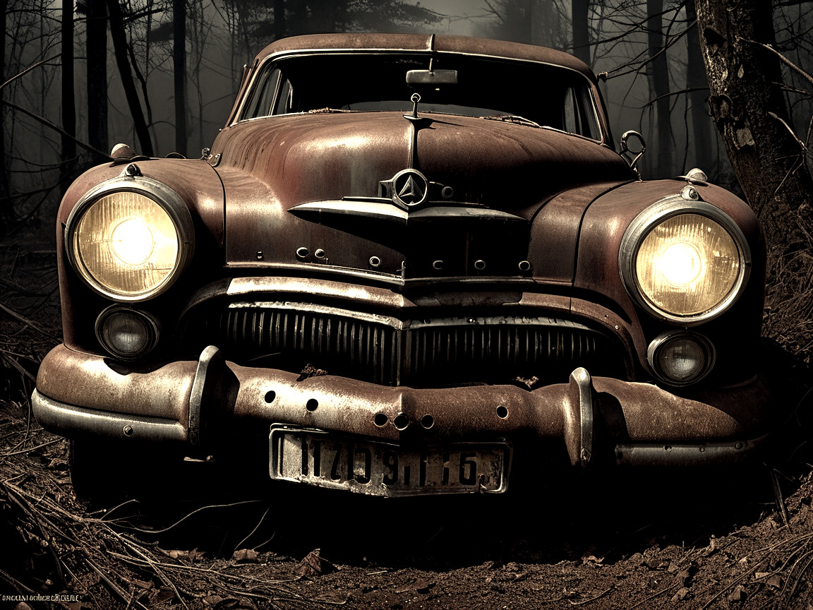 Vintage Car in Abandoned Forest Setting