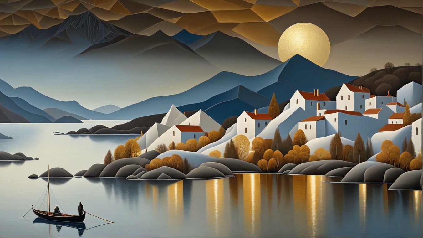 Serene landscape with lake, mountains, and autumn hues