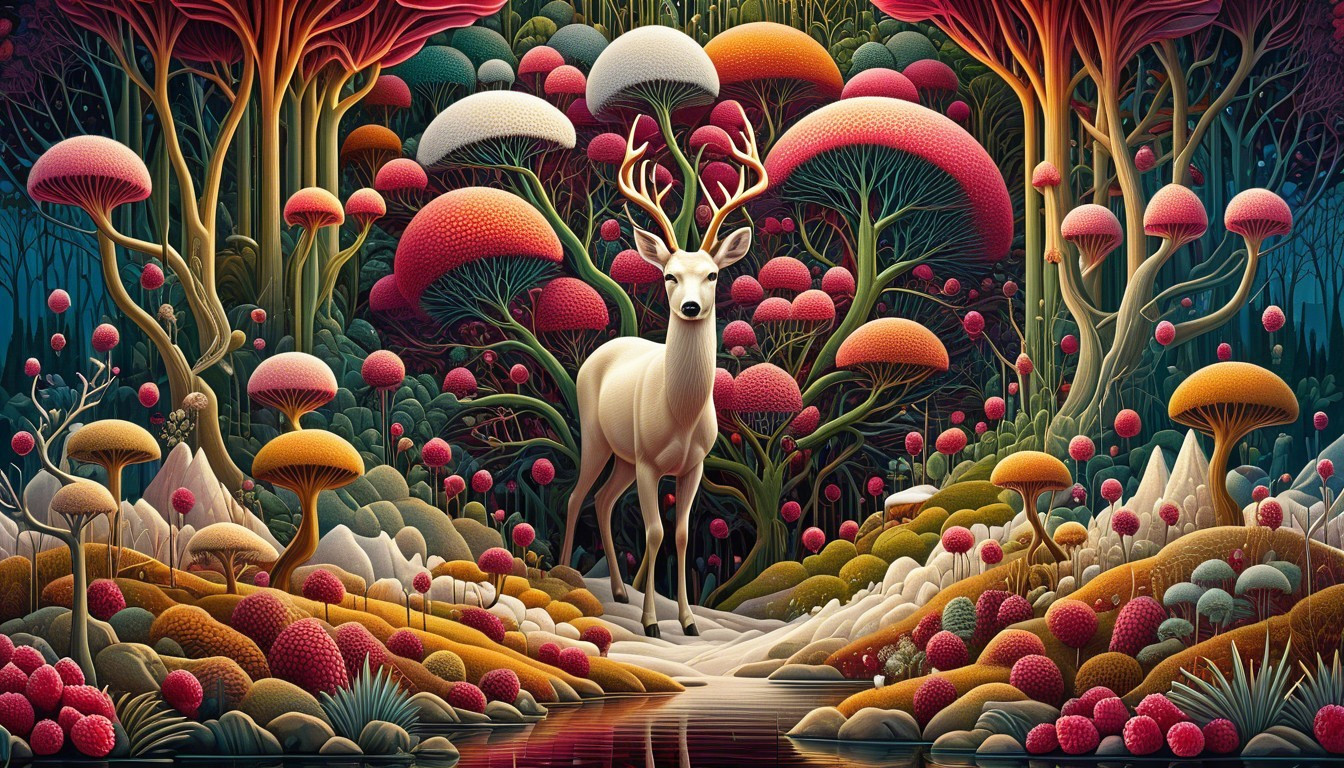 Majestic White Deer in a Fantastical Forest Scene