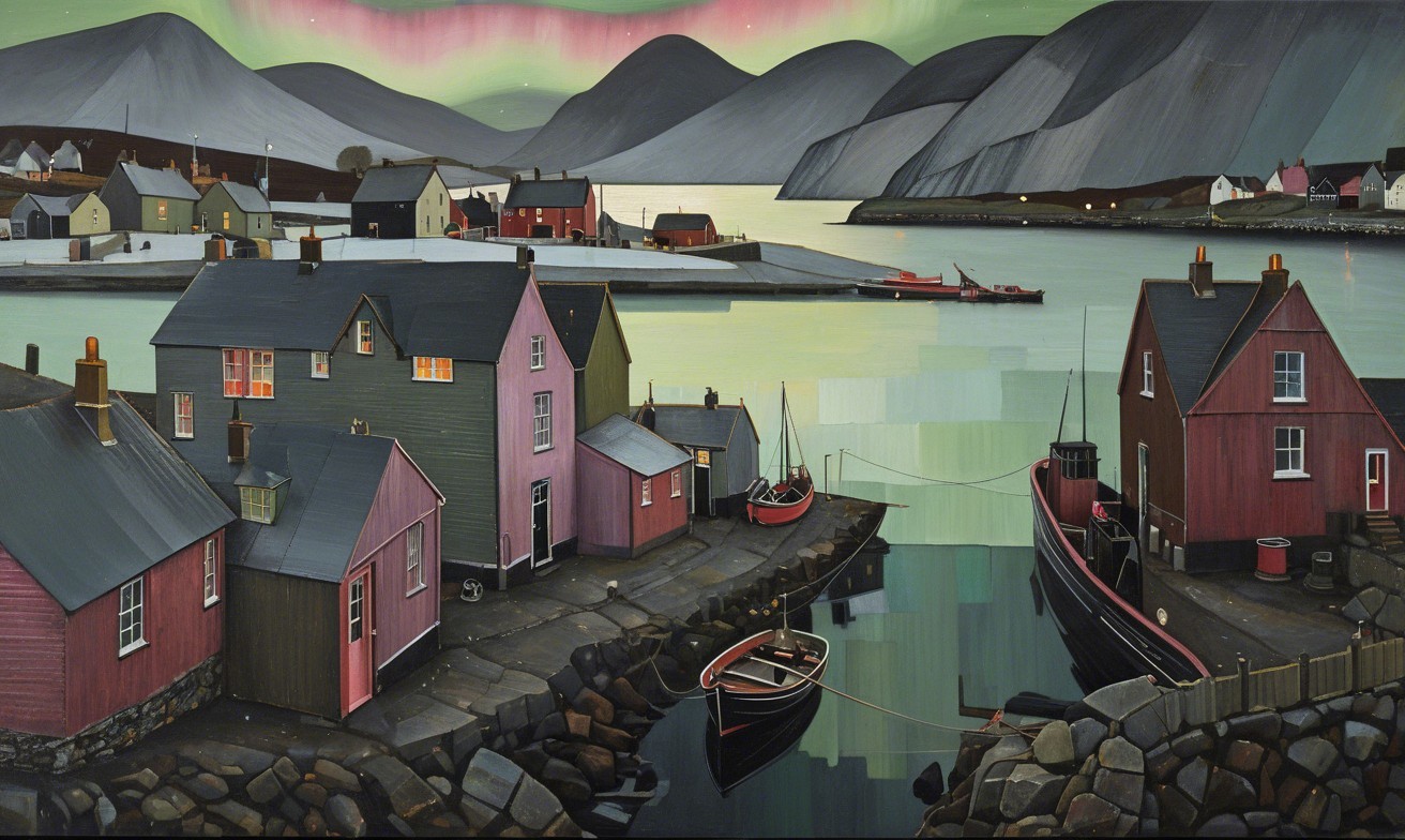 Coastal Village with Colorful Houses and Northern Lights