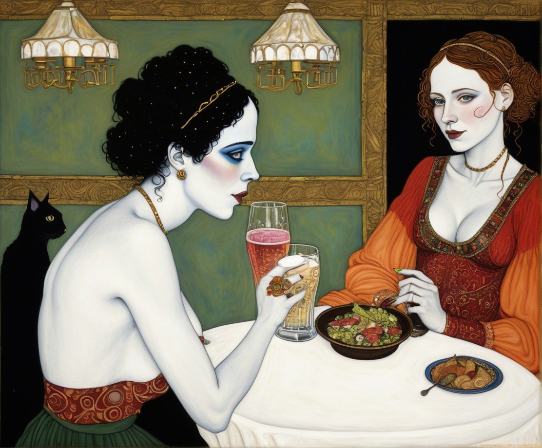 Two Women at a Table with Feast and Black Cat