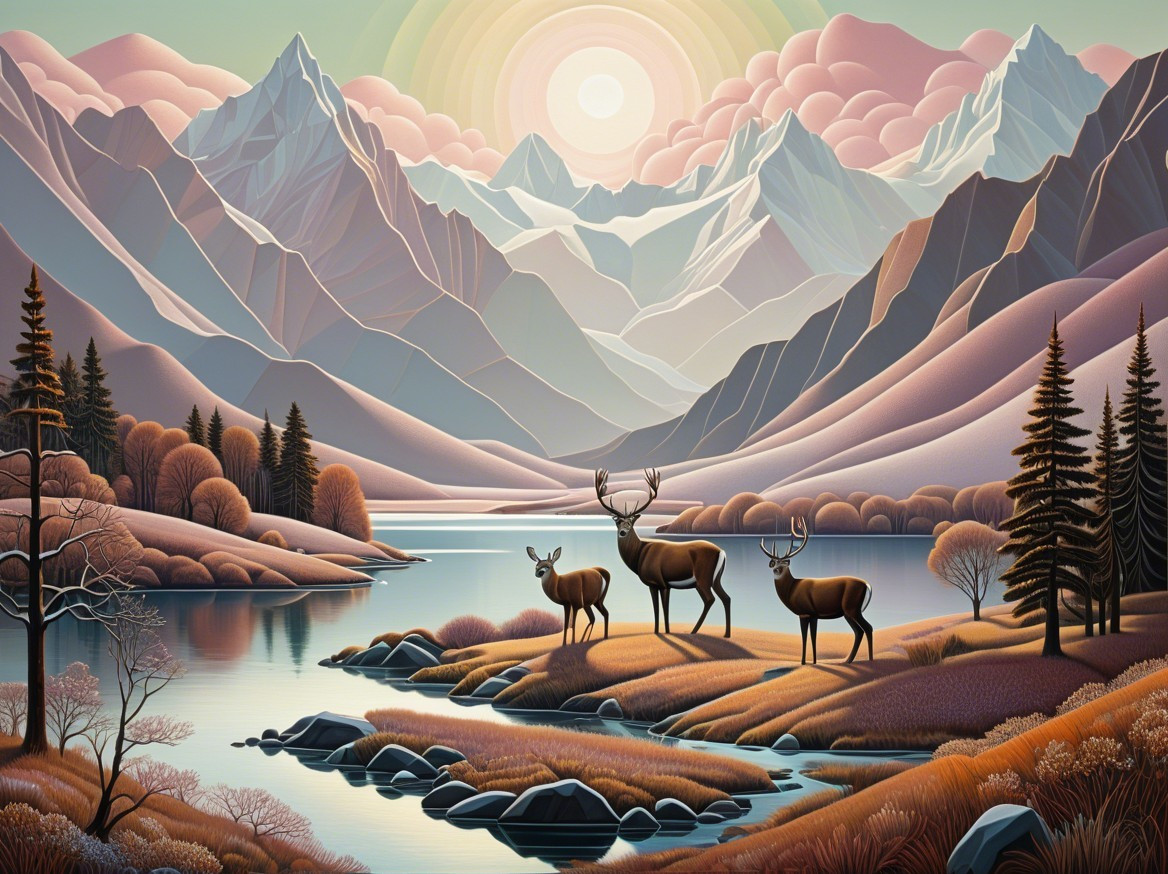 Serene Mountain Landscape with Deer by Tranquil Lake