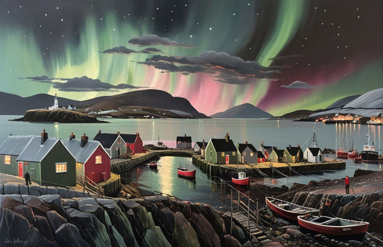 Vibrant harbor under northern lights with colorful houses
