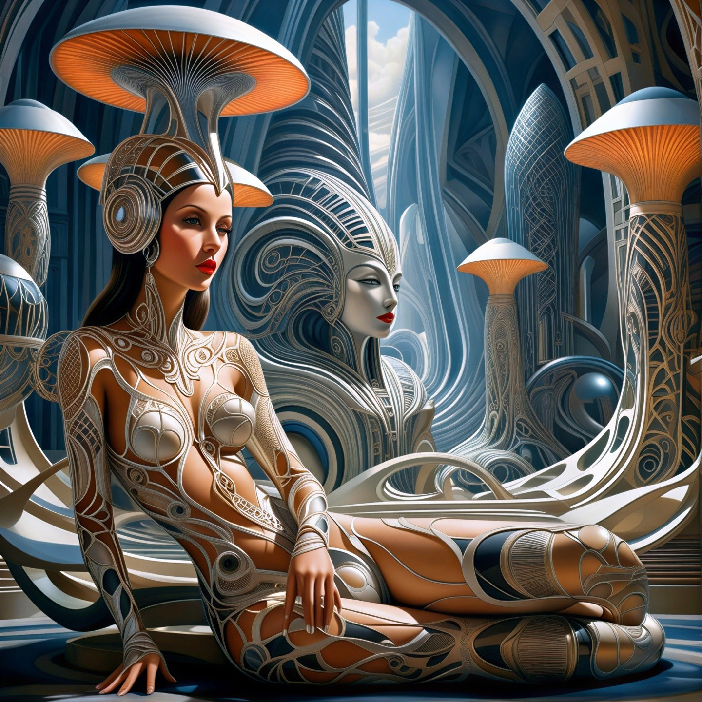 Futuristic Scene with Metallic Body Art and Surreal Architecture