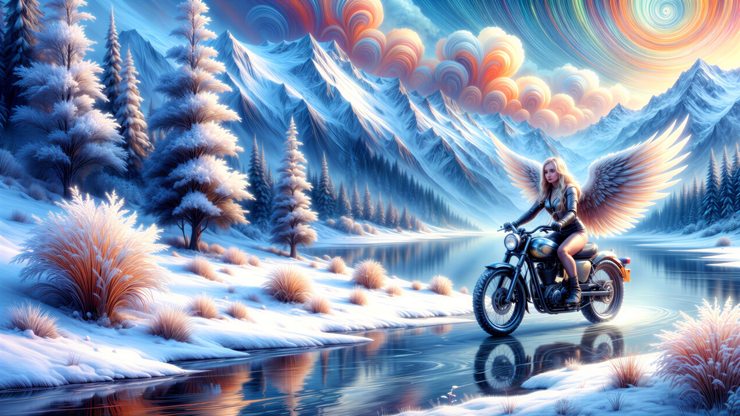 Woman with Wings Riding Motorcycle by Reflective Lake