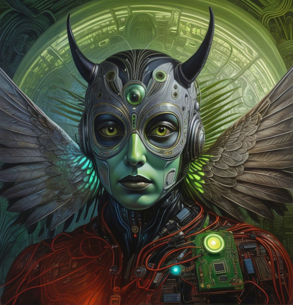 Futuristic Figure with Green Skin and Circuit Wings