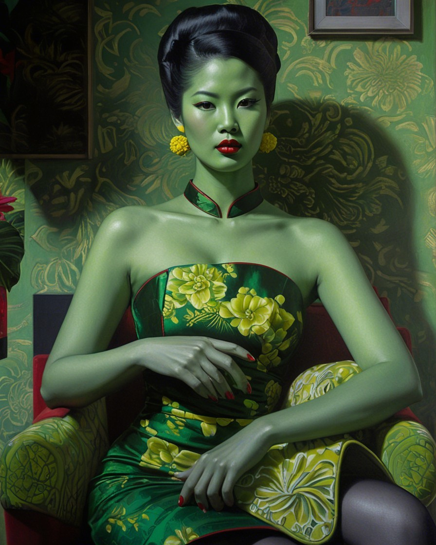 Woman with Green Skin in Floral Dress and Red Chair