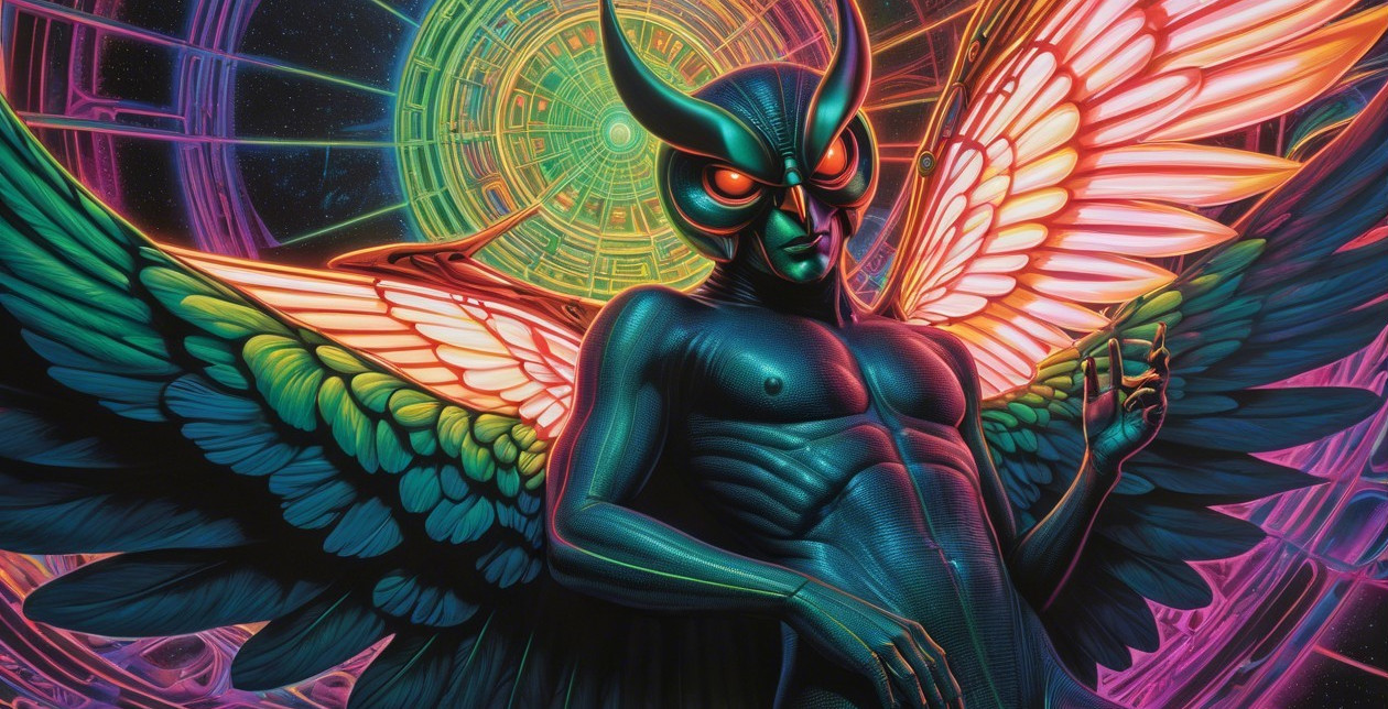 Fantastical figure with glowing wings in cosmic setting