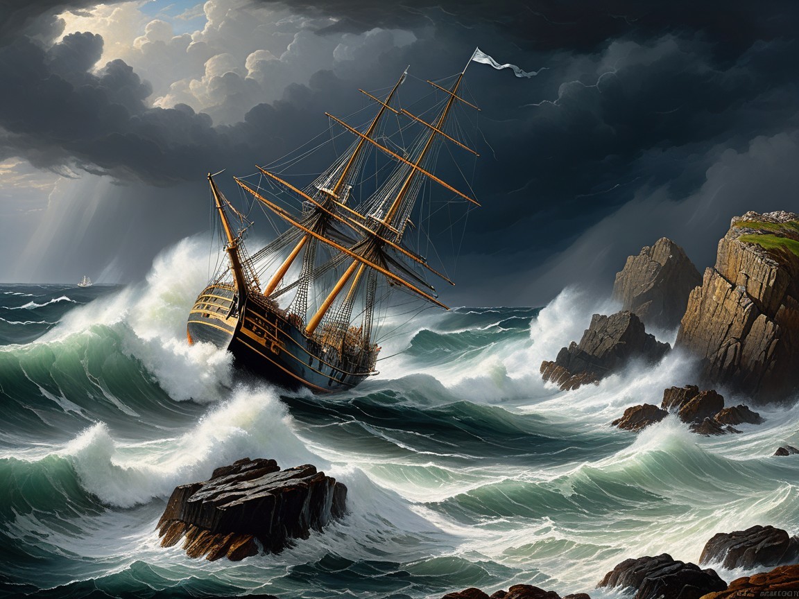 Majestic Sailing Ship in Turbulent Stormy Seas