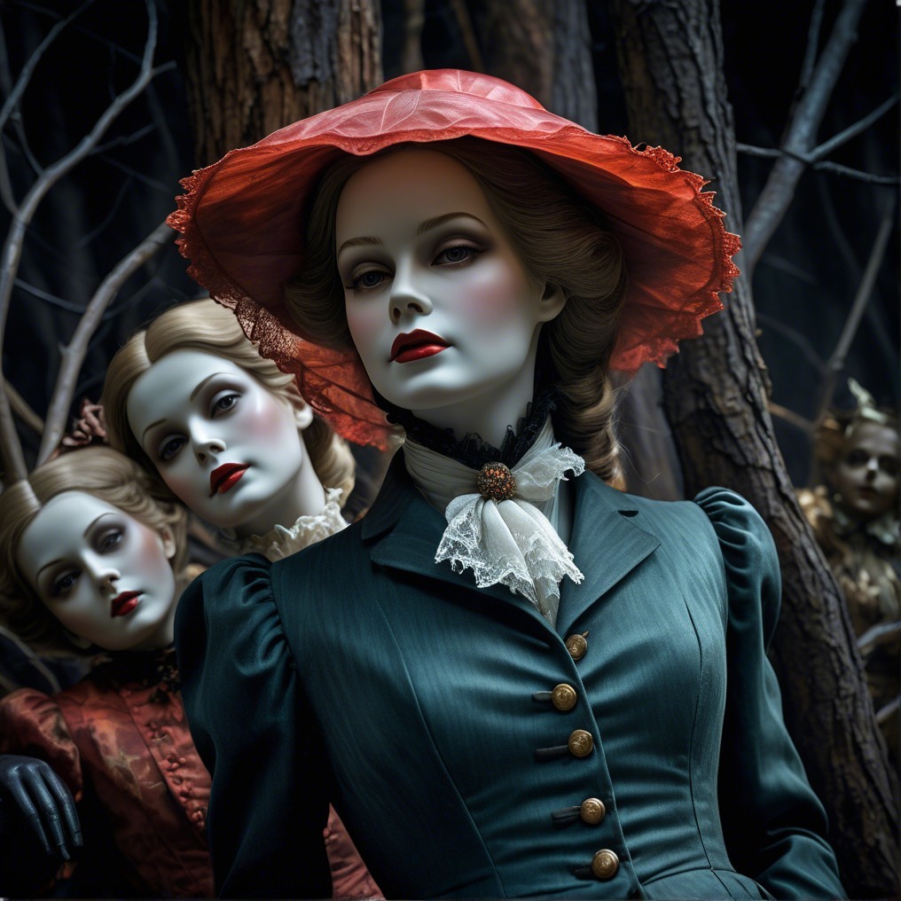 Mannequins in Victorian Attire in a Dark Forest