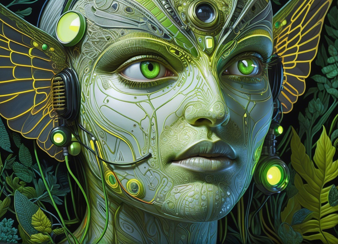Futuristic humanoid figure with botanical designs