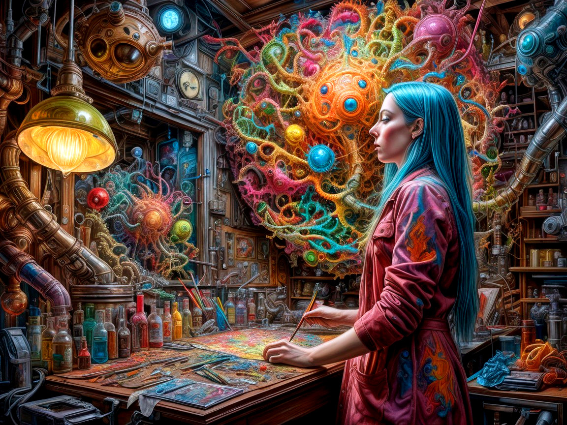 Young woman with blue hair in a colorful art studio