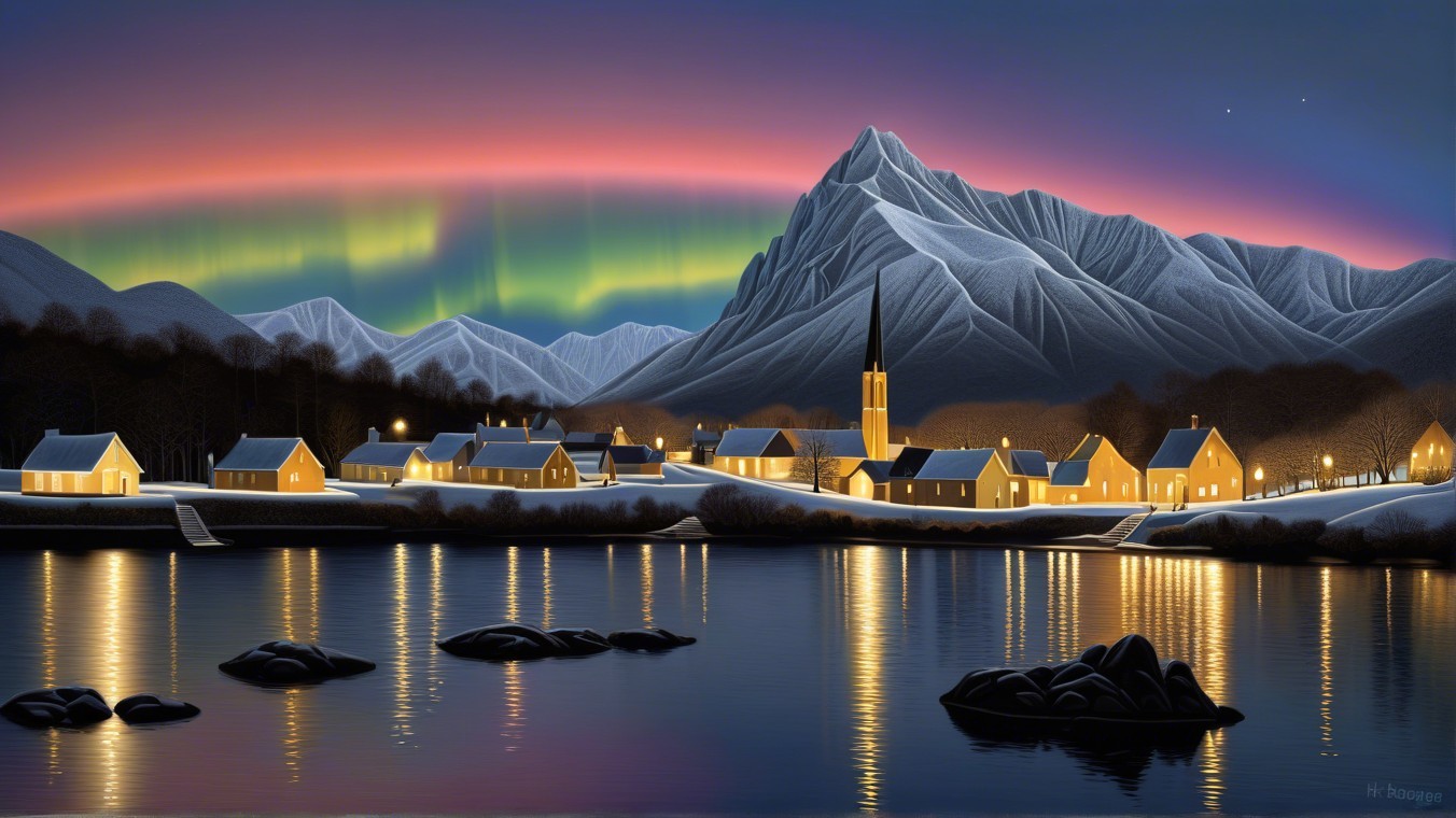 Serene winter landscape with village and auroras