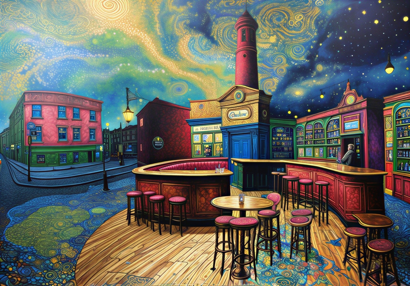 Surreal Colorful Pub Scene with Starry Sky Elements