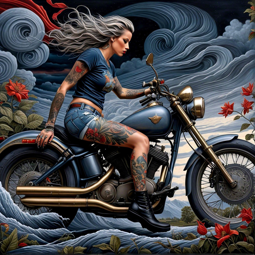 Tattooed Woman on Vintage Motorcycle with Flowers