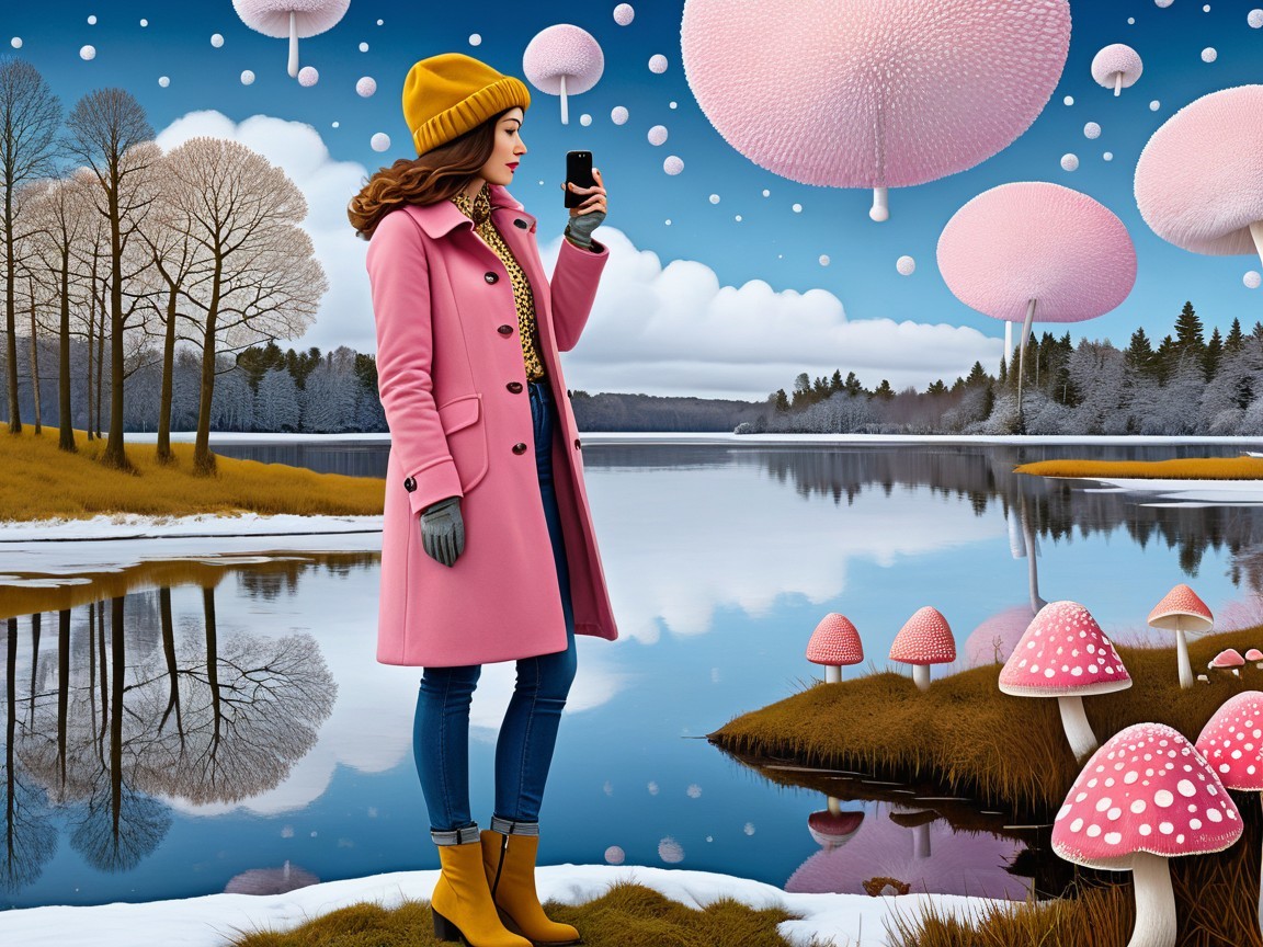 Woman in Pink Coat by a Serene Lake with Mushrooms