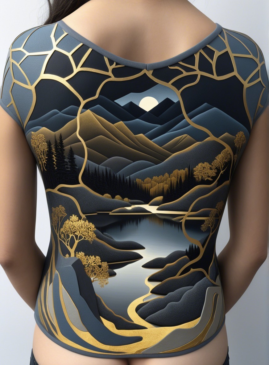 Stylized Landscape Shirt Design on Woman's Back