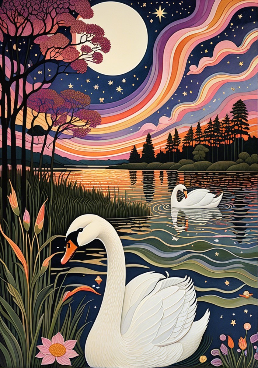 Serene Lake Scene with Swans and Colorful Sky