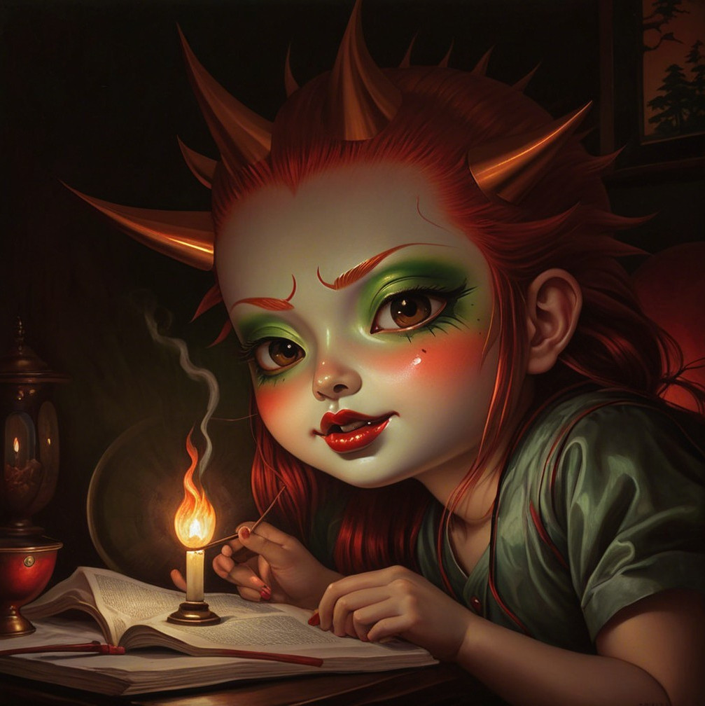 Whimsical Character with Green Eyes and Red Hair