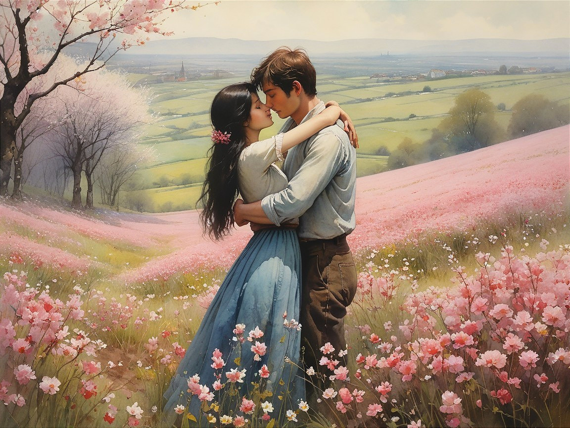 Romantic Embrace in a Blooming Landscape