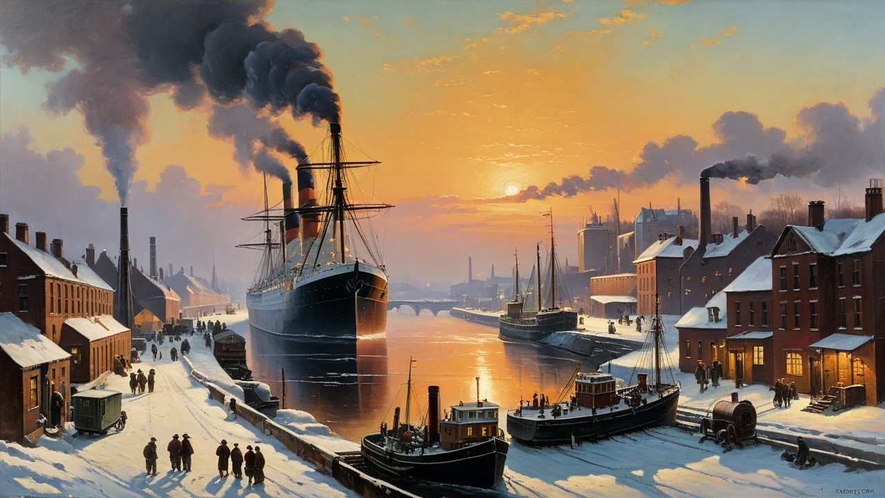 Winter Harbor Scene at Sunset with Steamships and Boats