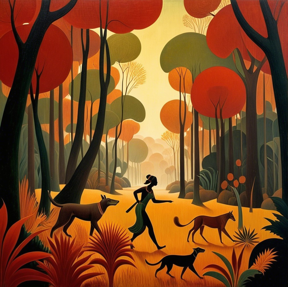 Autumn Forest Scene with Woman and Three Dogs