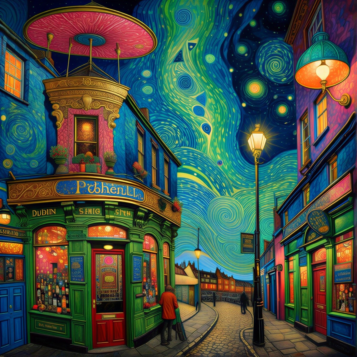 Whimsical Street Scene with Colorful Buildings and Stars