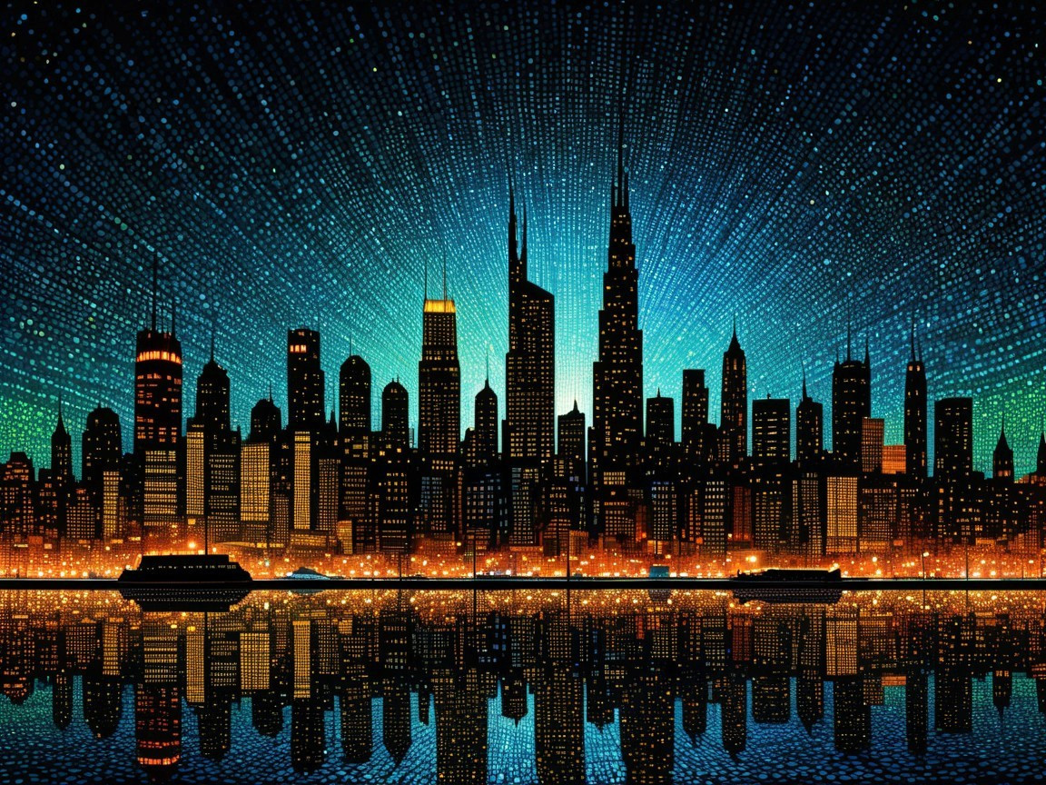 Vibrant City Skyline Against Gradient Night Sky