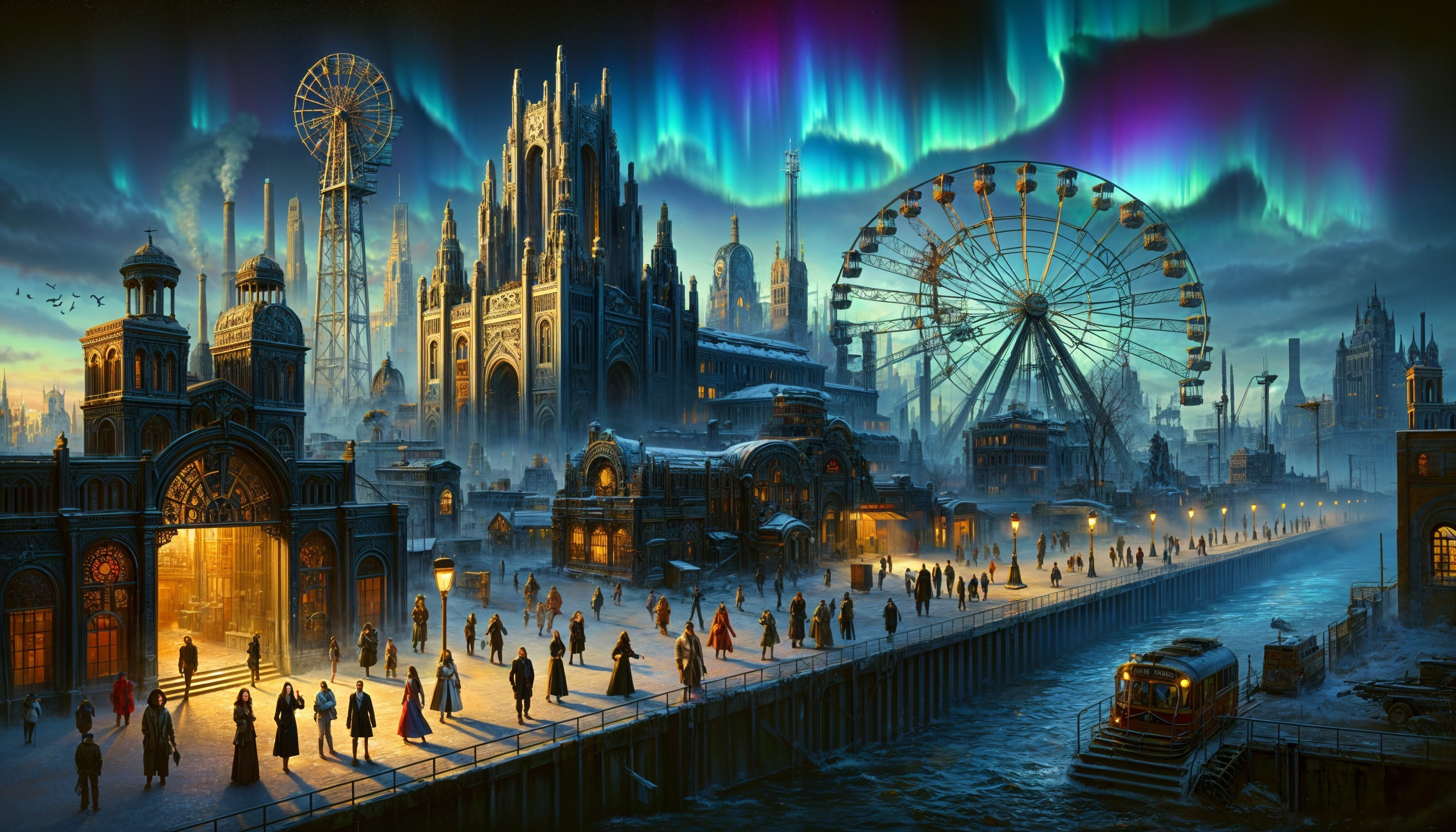 Fantastical Cityscape with Aurora Borealis and Gothic Architecture